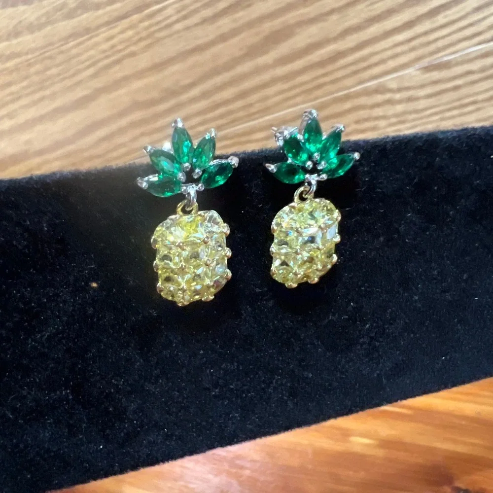Yellow Green Crystal Pineapple Drop‎ Earrings Tropical Costume Jewelry Summer